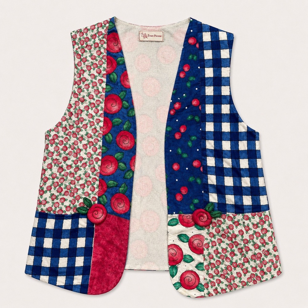 Vtg Patchwork Floral Gingham Rose Coquette Vest Cottagecore Prairie‎ Teacher